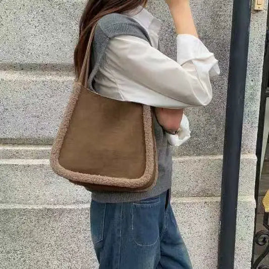 Suede-Like Microfiber Leather Sherpa Edge Bag by Pretty Persuasions in Taupe