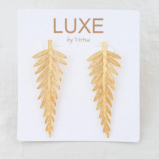 Dahlia Luxe Flat Long Palm Leaf Earring by Virtue Jewelry Design