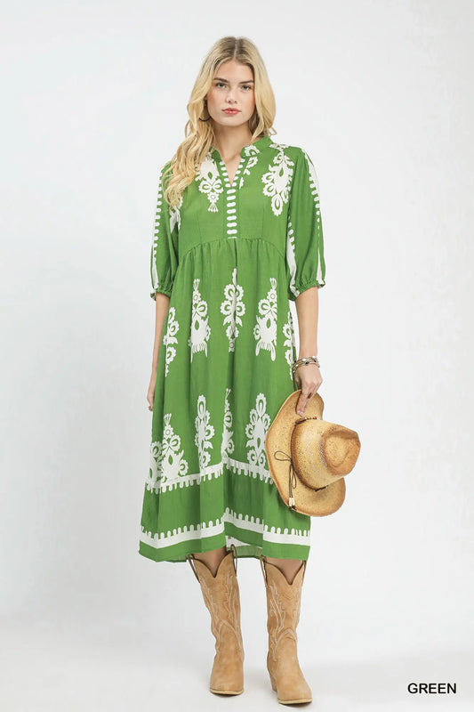 Abstract V-Neck Midi Dress by Umgee in Green
