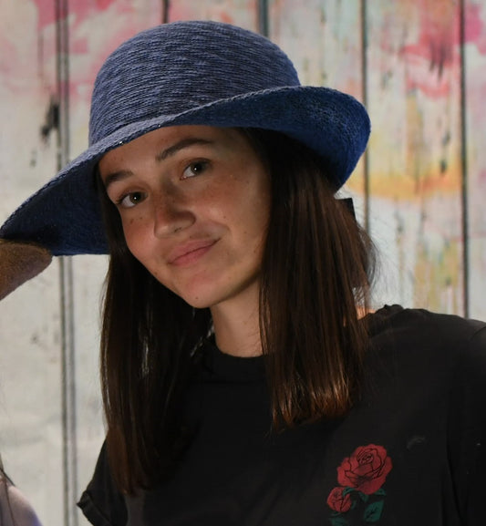 Cotton Blend Turn Brim Packable Hat by Shihreen In Slate Blue