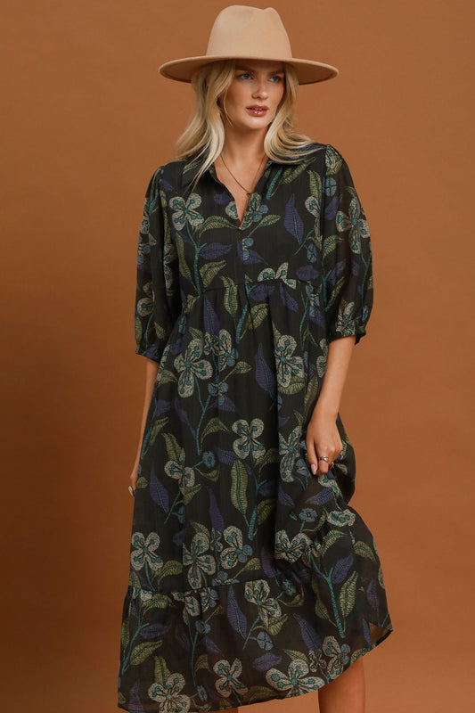 Mixed Floral Print Tiered Midi Dress by Umgee in Hunter Green Mix