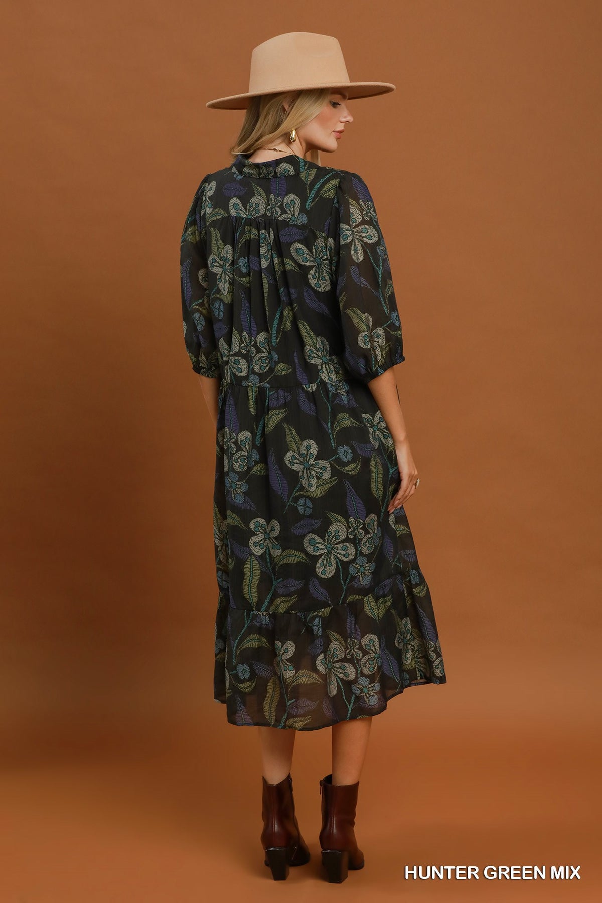 Mixed Floral Print Tiered Midi Dress by Umgee in Hunter Green Mix