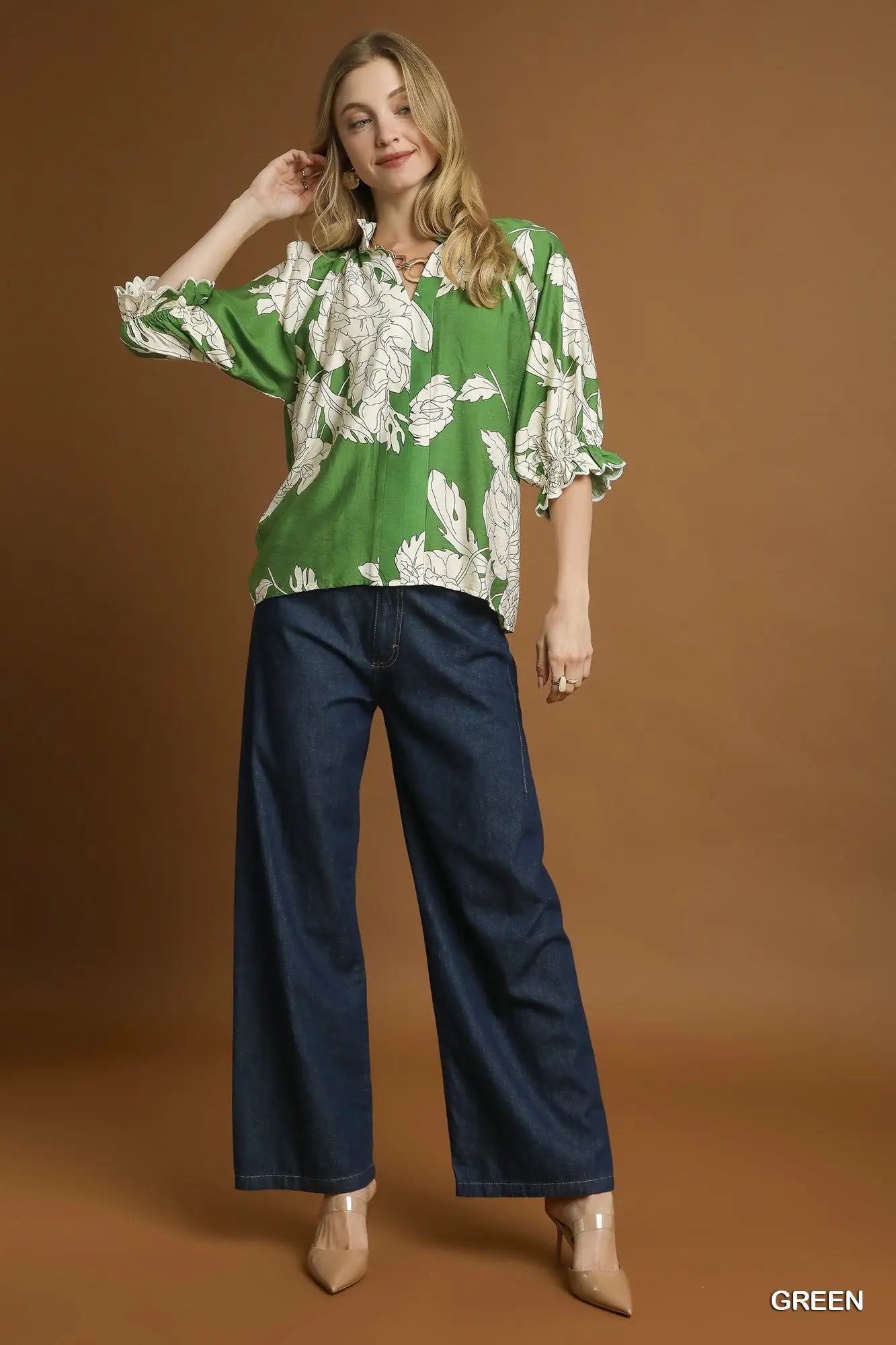 Peony Illustration Print V Neck Top by Umgee in Green