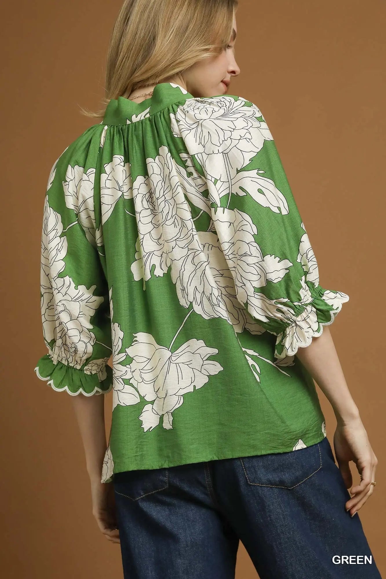 Peony Illustration Print V Neck Top by Umgee in Green