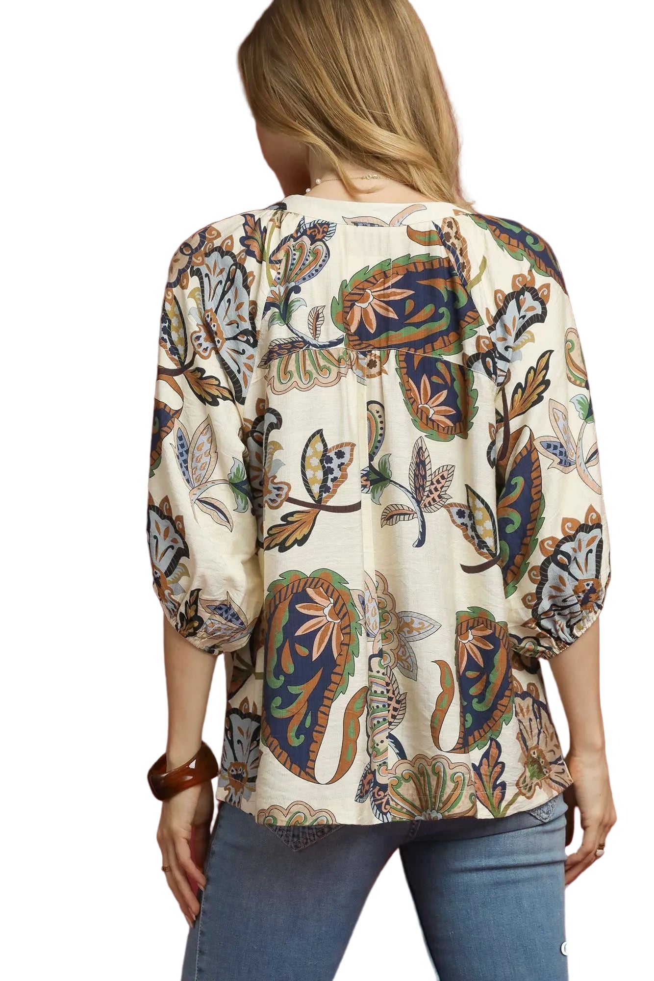 Boho Paisley Puff Sleeve Blouse by Umgee in Cream