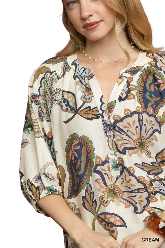Boho Paisley Puff Sleeve Blouse by Umgee in Cream