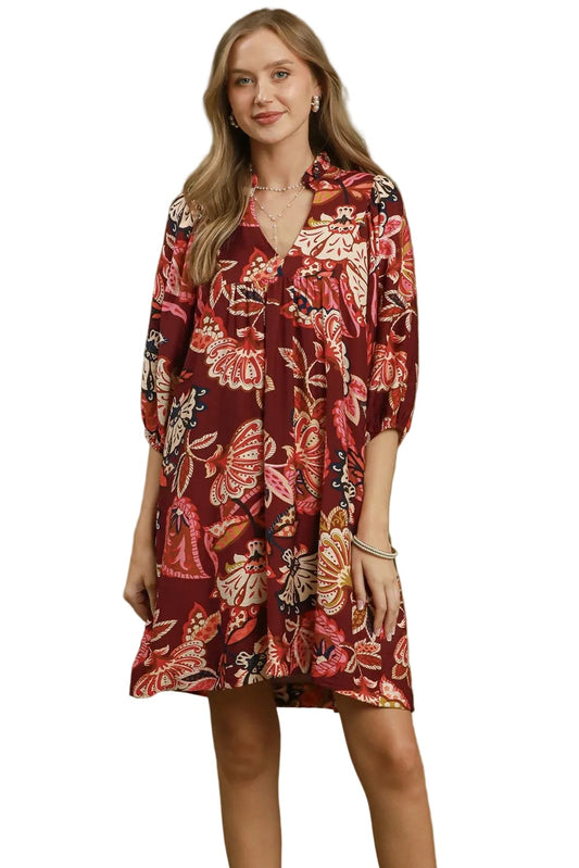 Abstract Print Ruffled Neck Mini Dress by Umgee in Burgandy