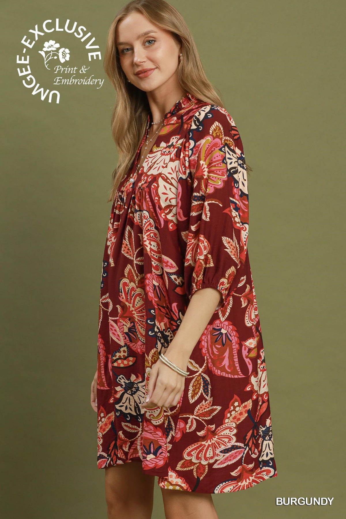 Abstract Print Ruffled Neck Mini Dress by Umgee in Burgandy