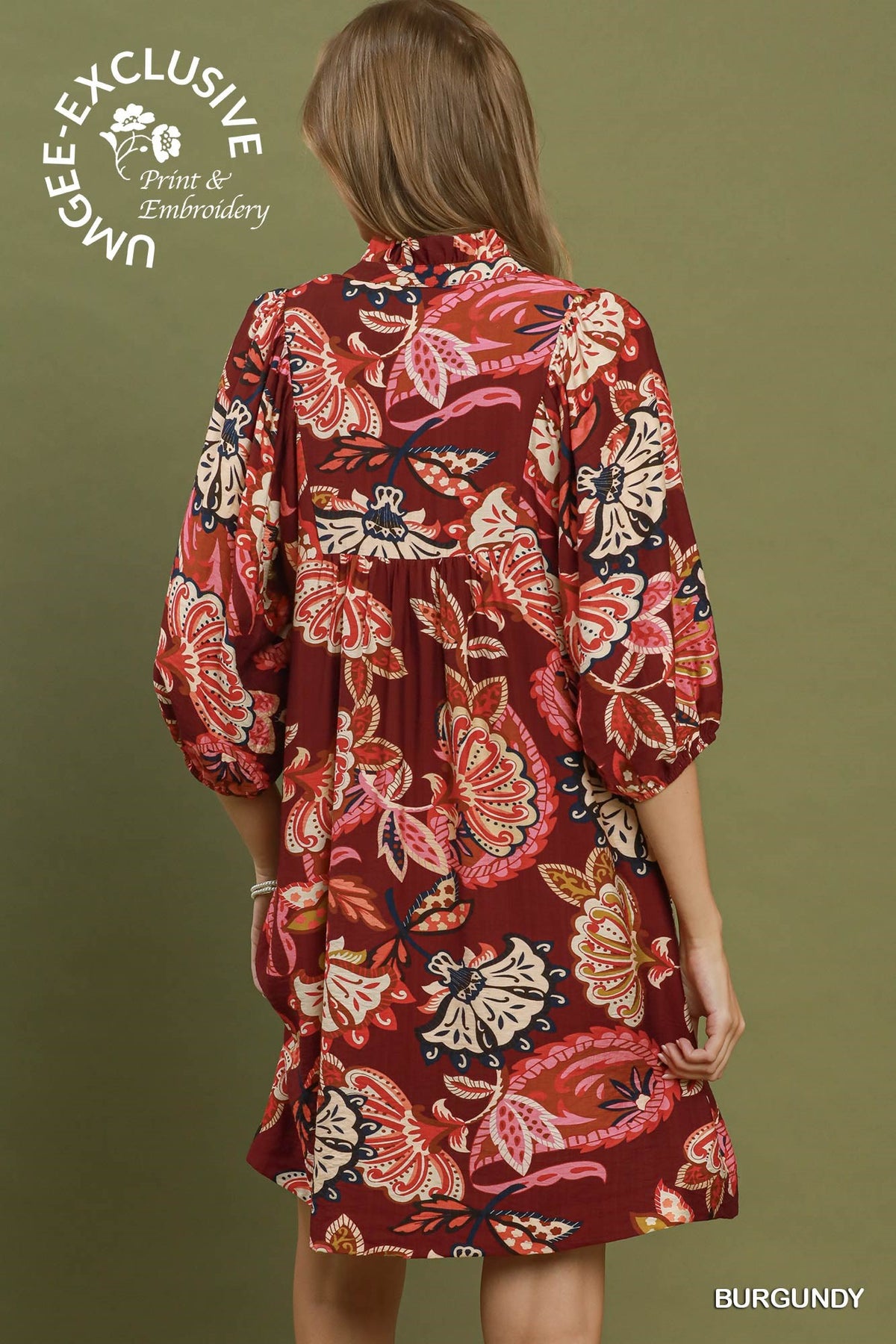 Abstract Print Ruffled Neck Mini Dress by Umgee in Burgandy