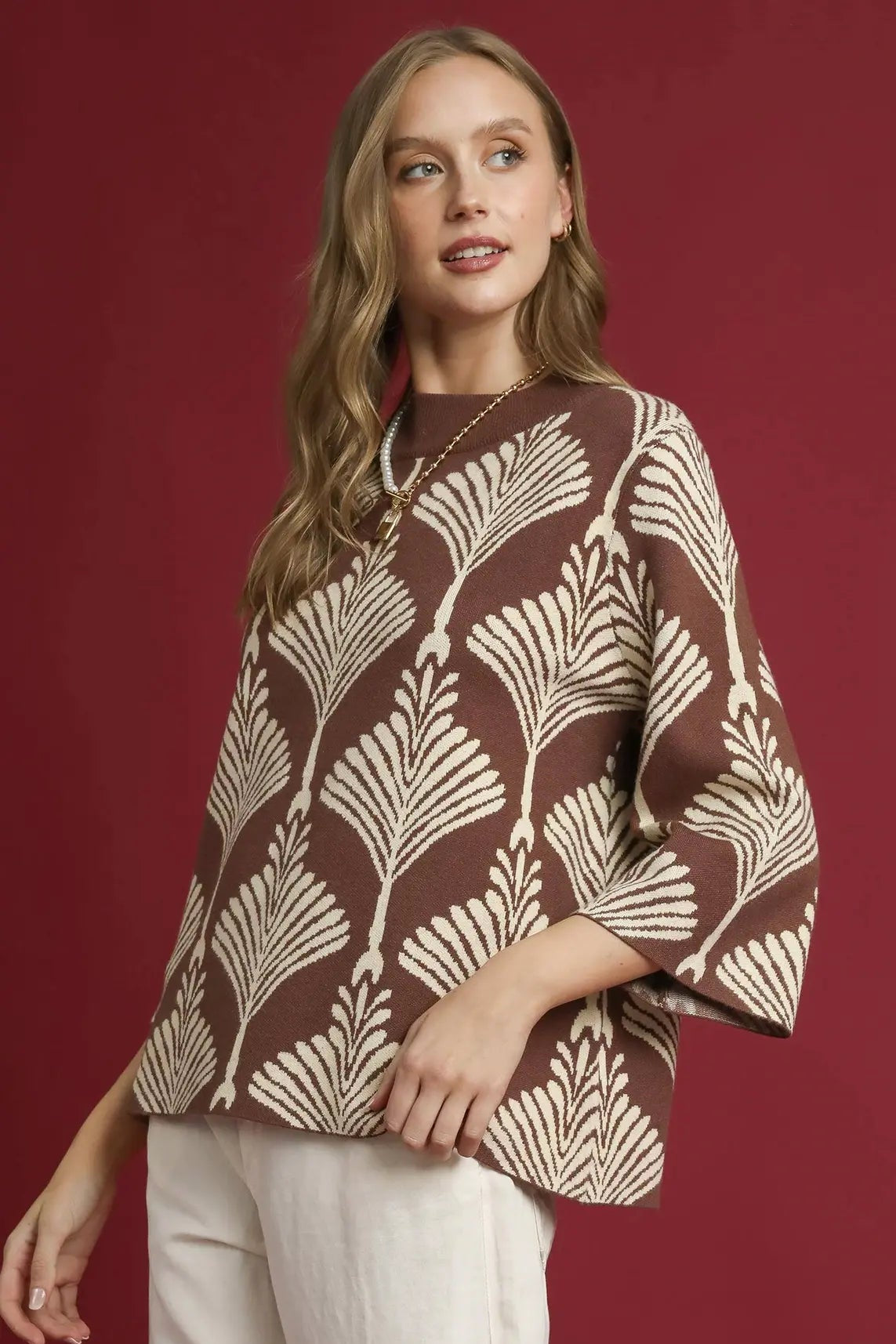 Abstract Print Pullover Sweater by Umgee in Brown