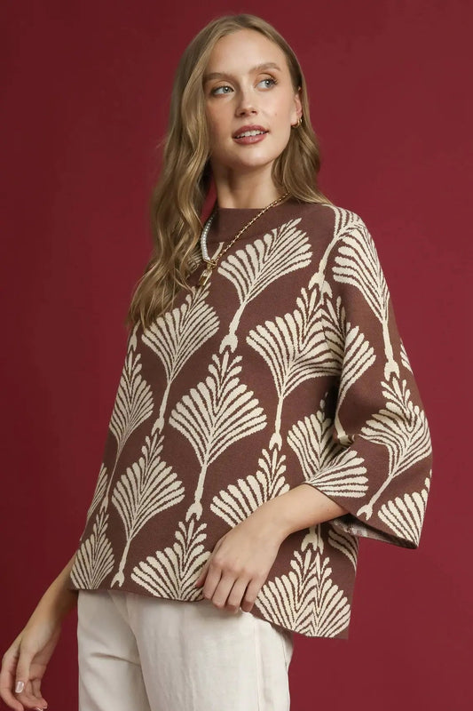 Abstract Print Pullover Sweater by Umgee in Brown