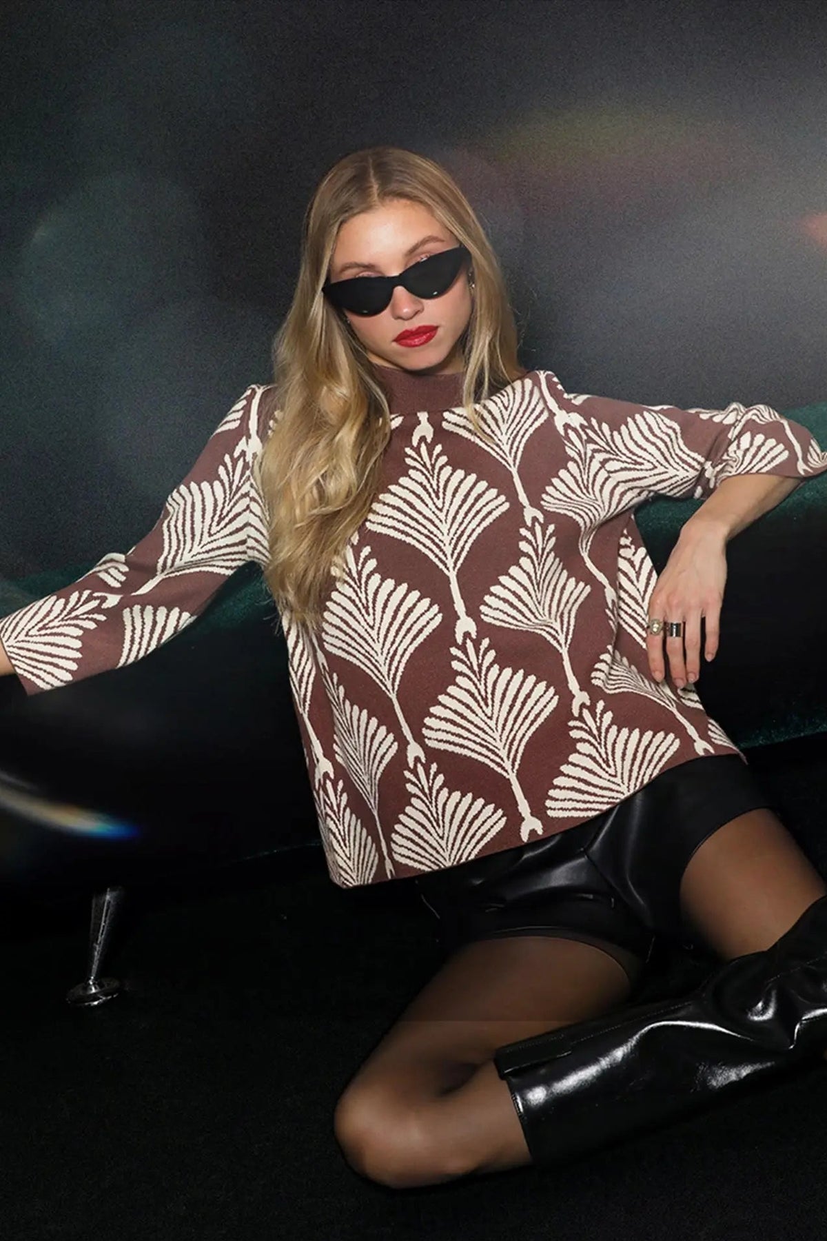 Abstract Print Pullover Sweater by Umgee in Brown