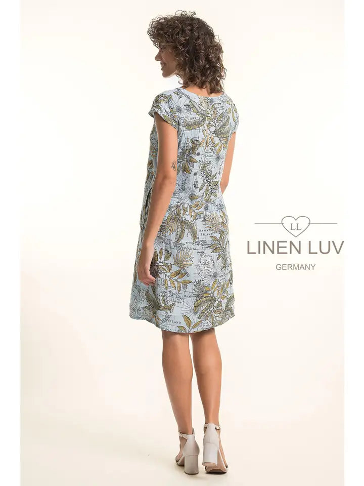 Map Print Dress by Linen Luv in Ciel