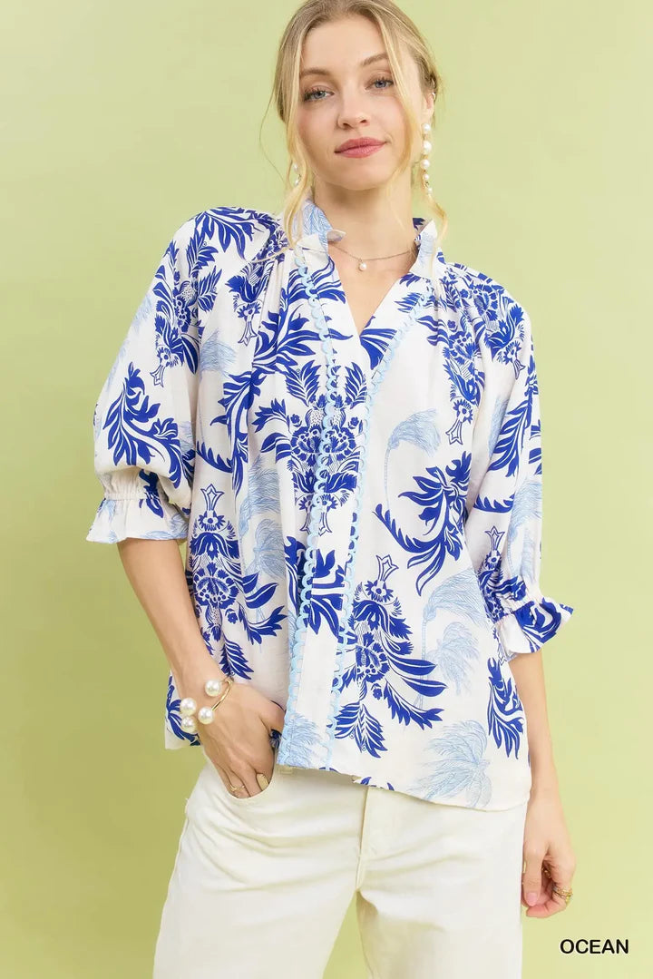Layered Leafy Damask Blouse by Umgee in Ocean