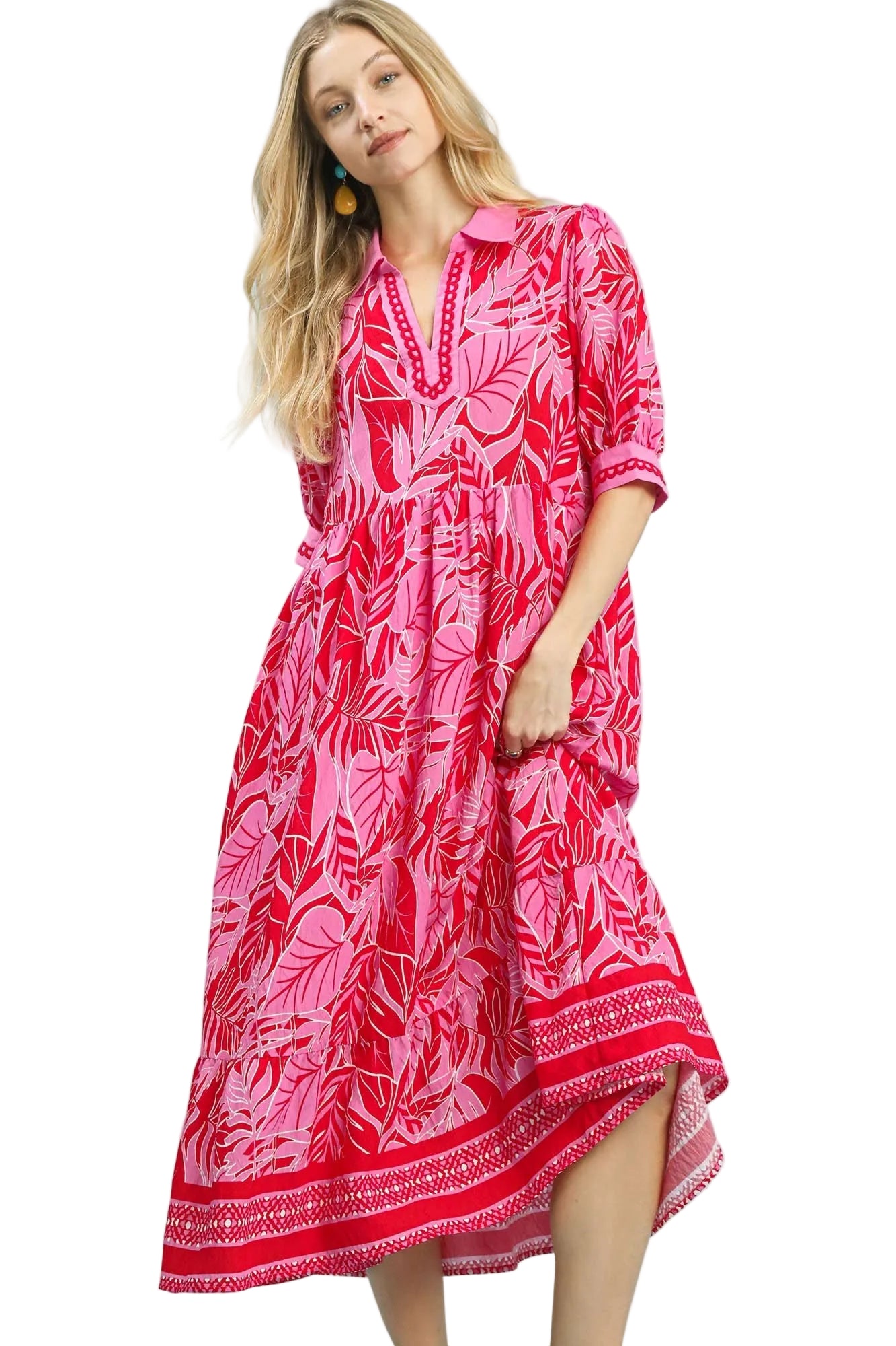Leafy Border Print Midi Dress by Umgee in Red