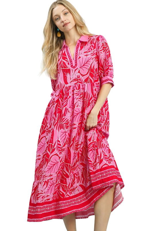 Leafy Border Print Midi Dress by Umgee in Red