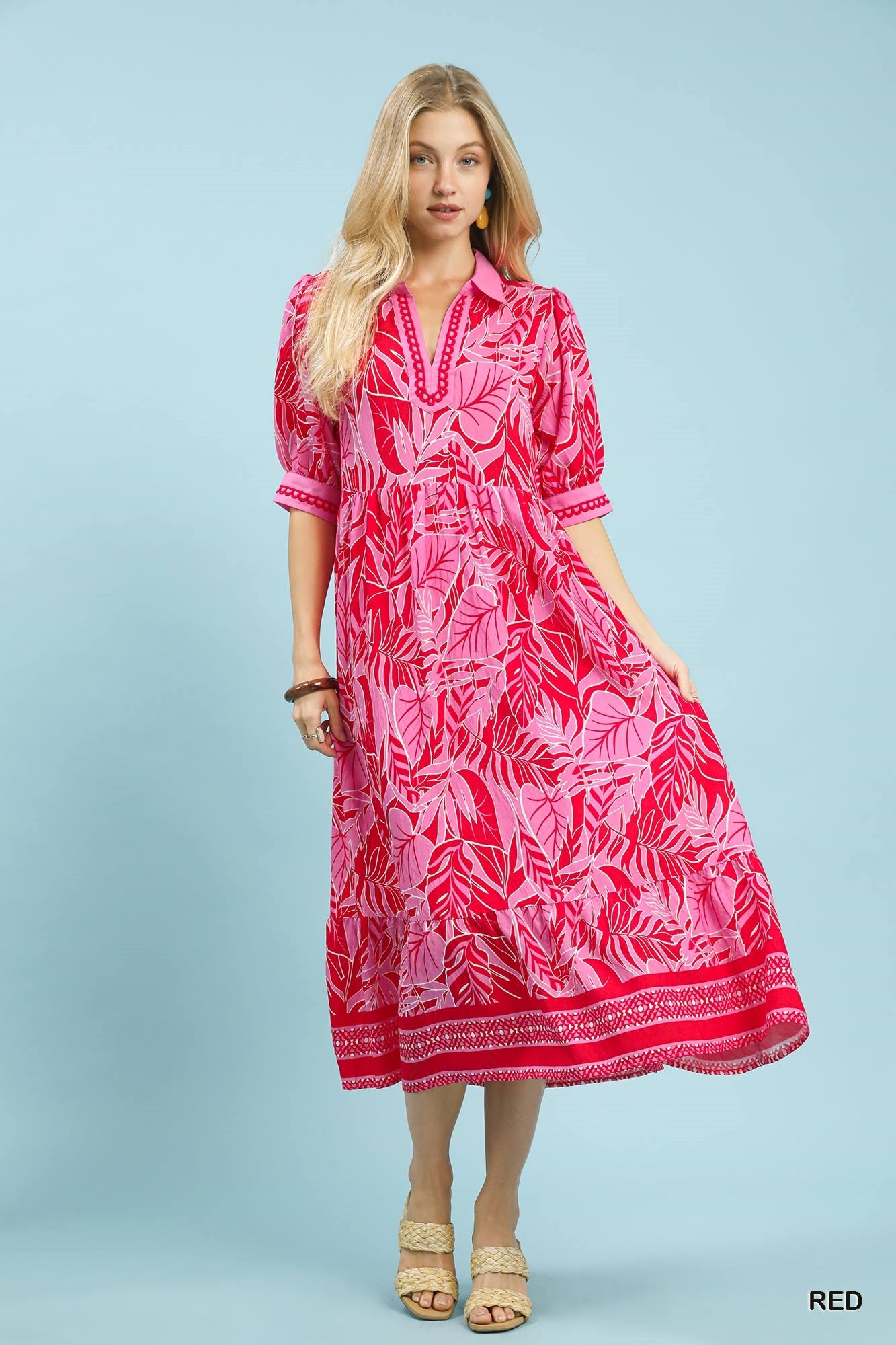 Leafy Border Print Midi Dress by Umgee in Red