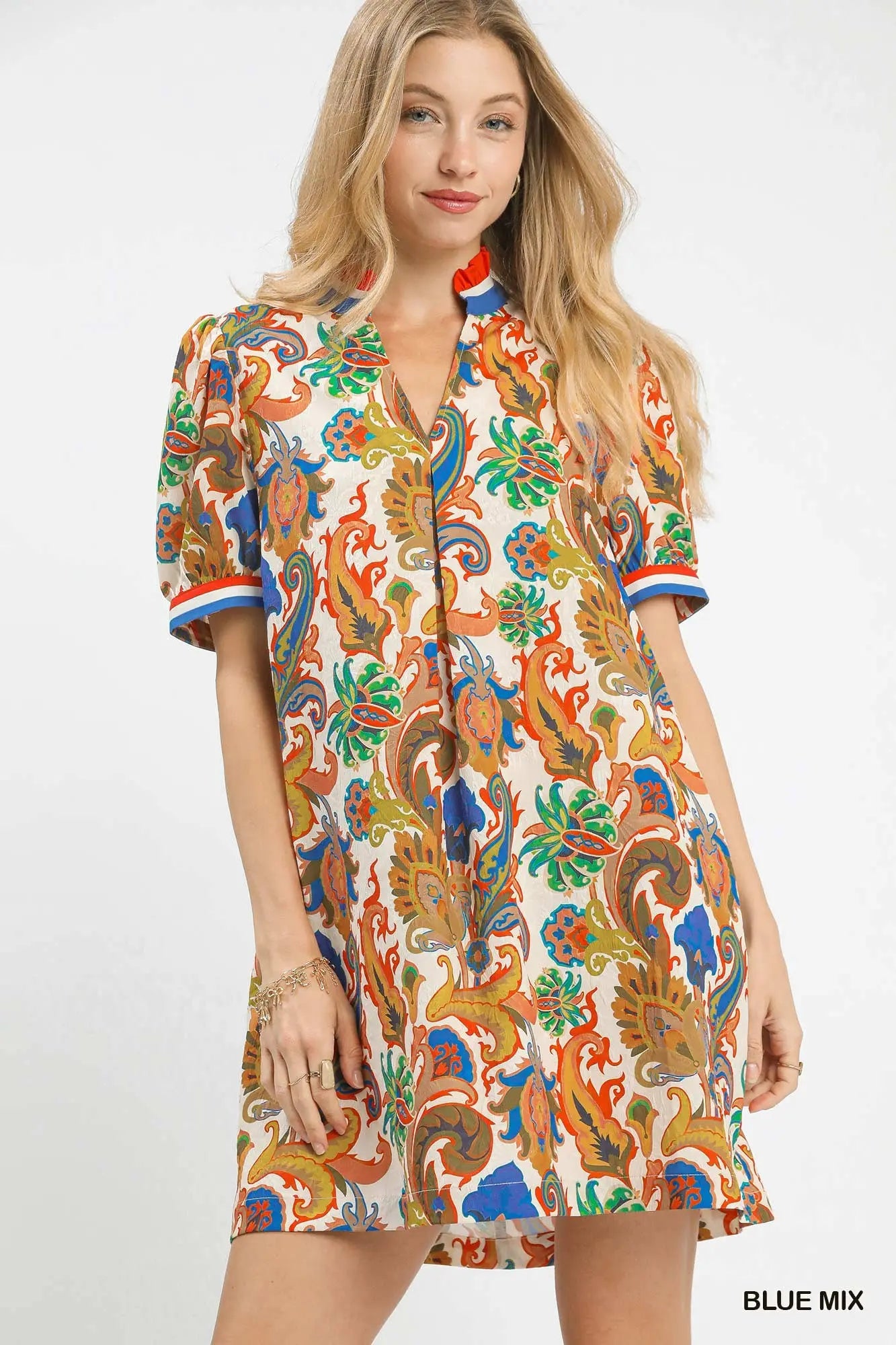 Jacquard Abstract Print Ruffled Neck Mini Dress by Umgee in Blue Mix