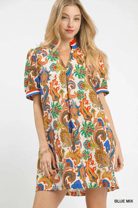 Jacquard Abstract Print Ruffled Neck Mini Dress by Umgee in Blue Mix