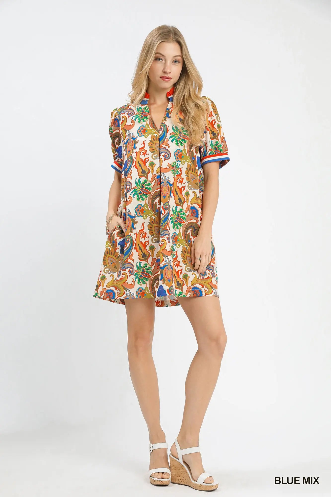 Jacquard Abstract Print Ruffled Neck Mini Dress by Umgee in Blue Mix