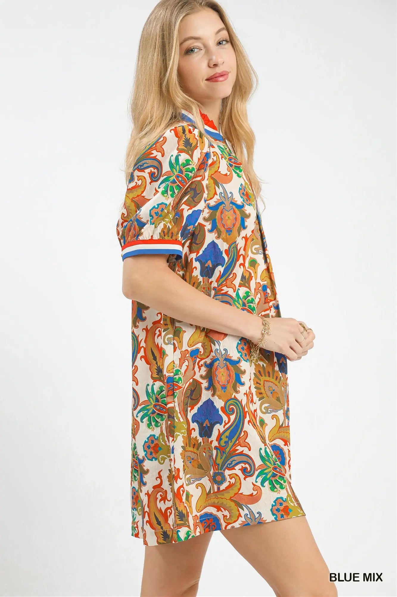 Jacquard Abstract Print Ruffled Neck Mini Dress by Umgee in Blue Mix