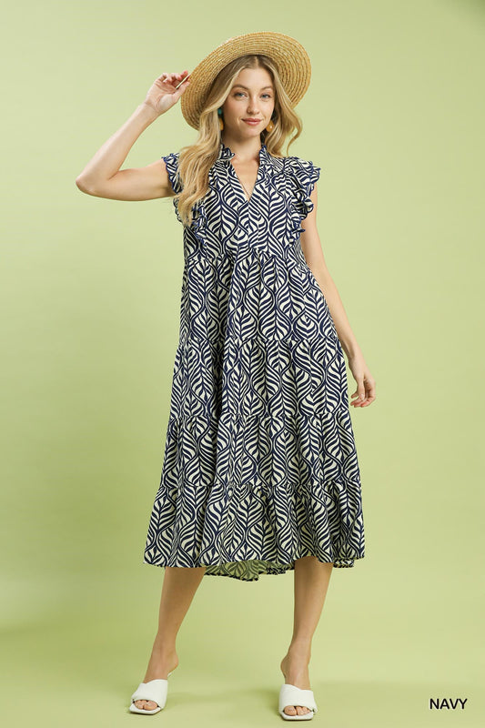 Leaf Print Tiered Midi Dress by Umgee in Navy