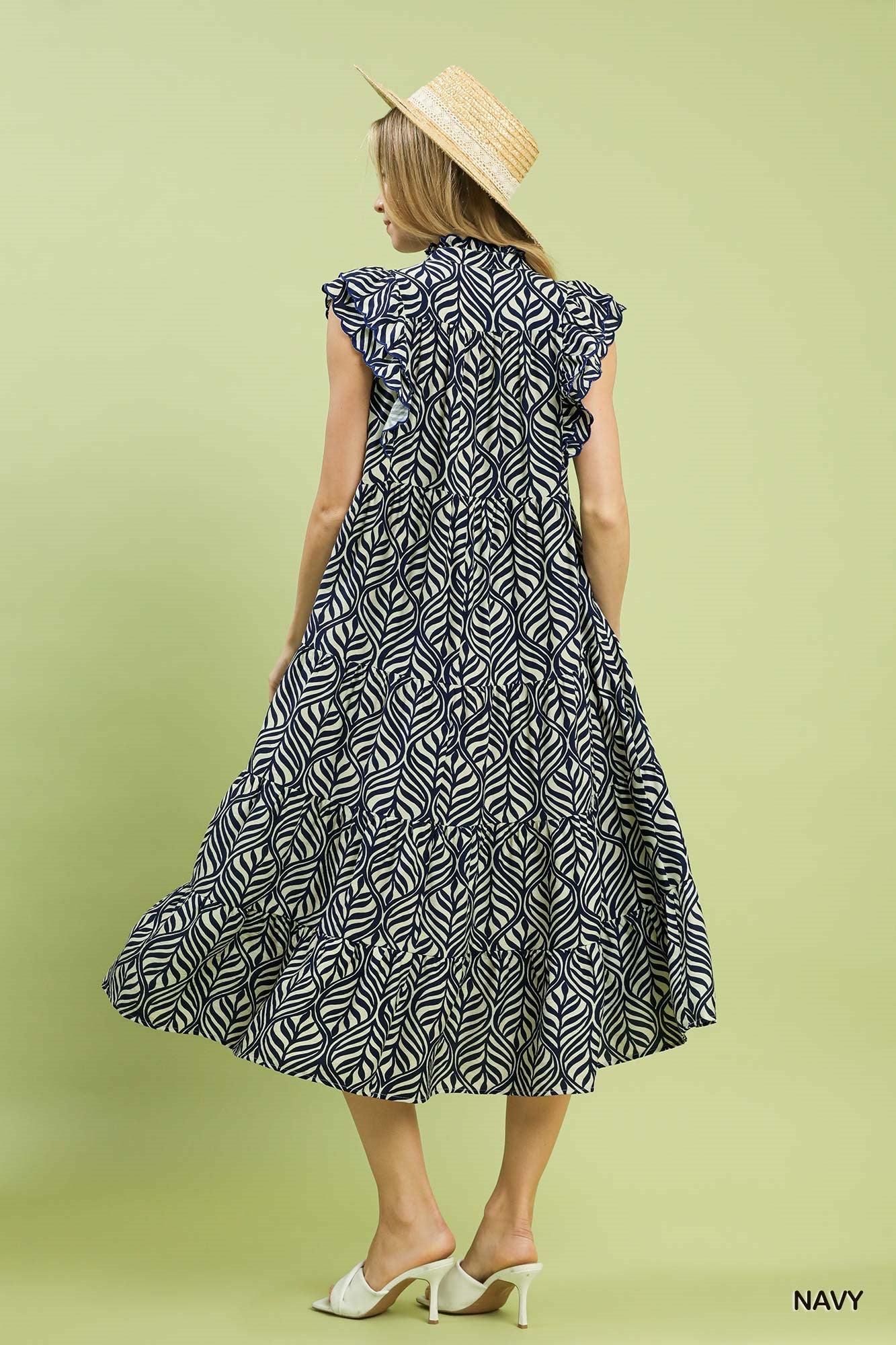 Leaf Print Tiered Midi Dress by Umgee in Navy