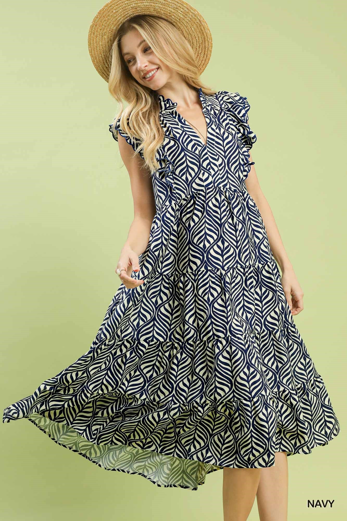 Leaf Print Tiered Midi Dress by Umgee in Navy