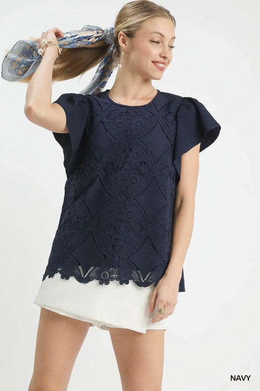 Floral Lace Overlay Flutter Sleeve Top by Umgee in Navy