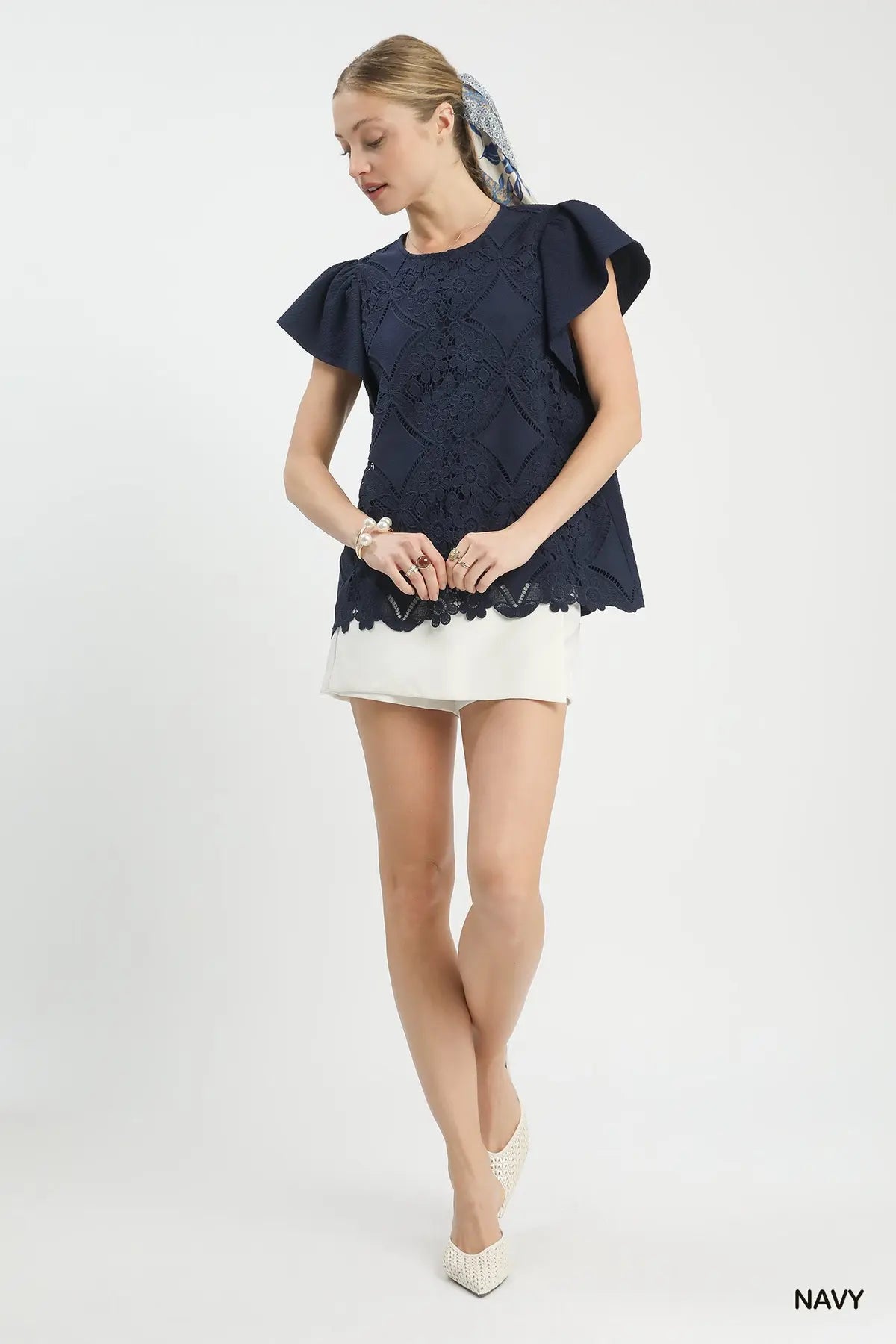 Floral Lace Overlay Flutter Sleeve Top by Umgee in Navy