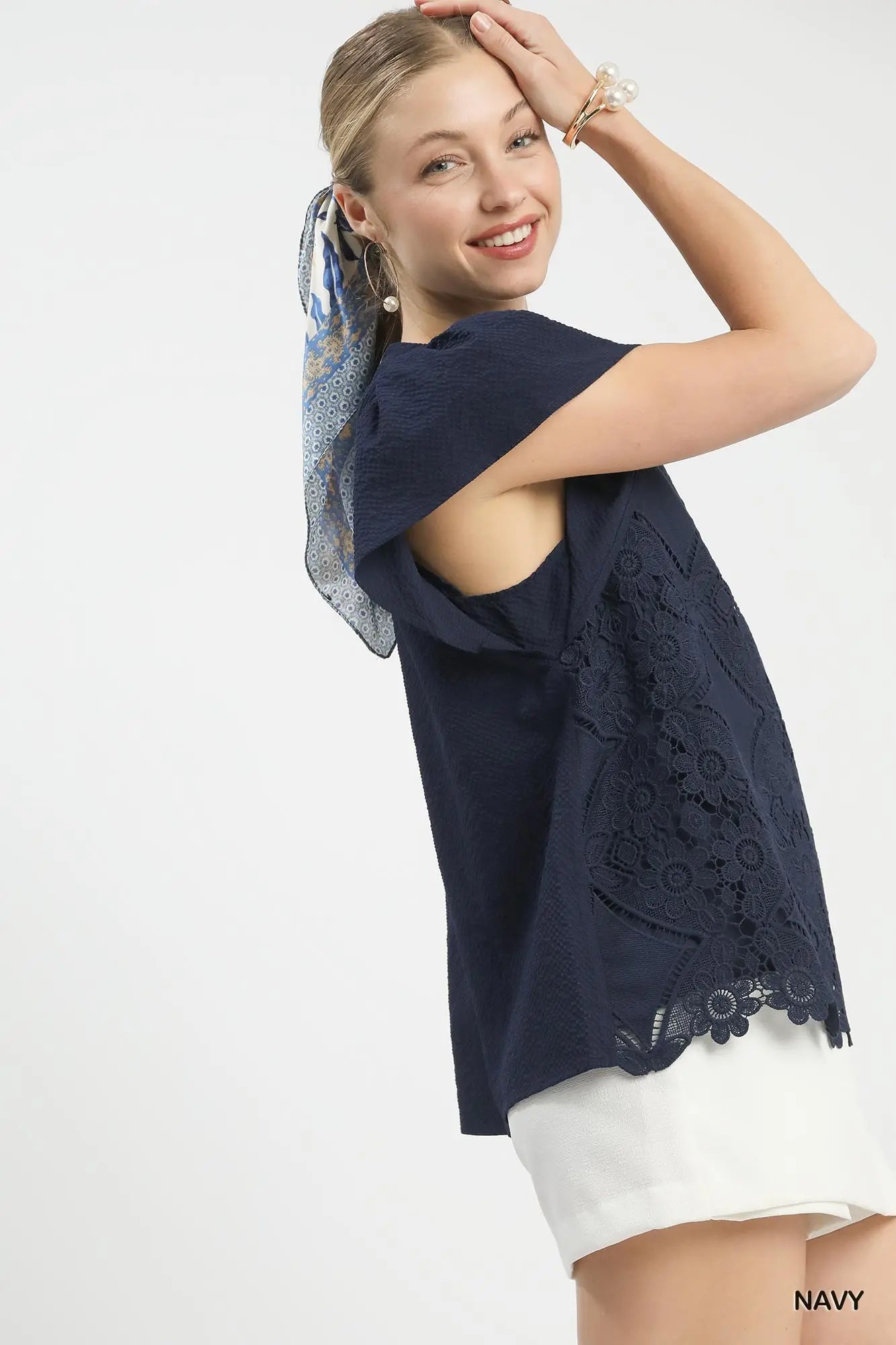 Floral Lace Overlay Flutter Sleeve Top by Umgee in Navy