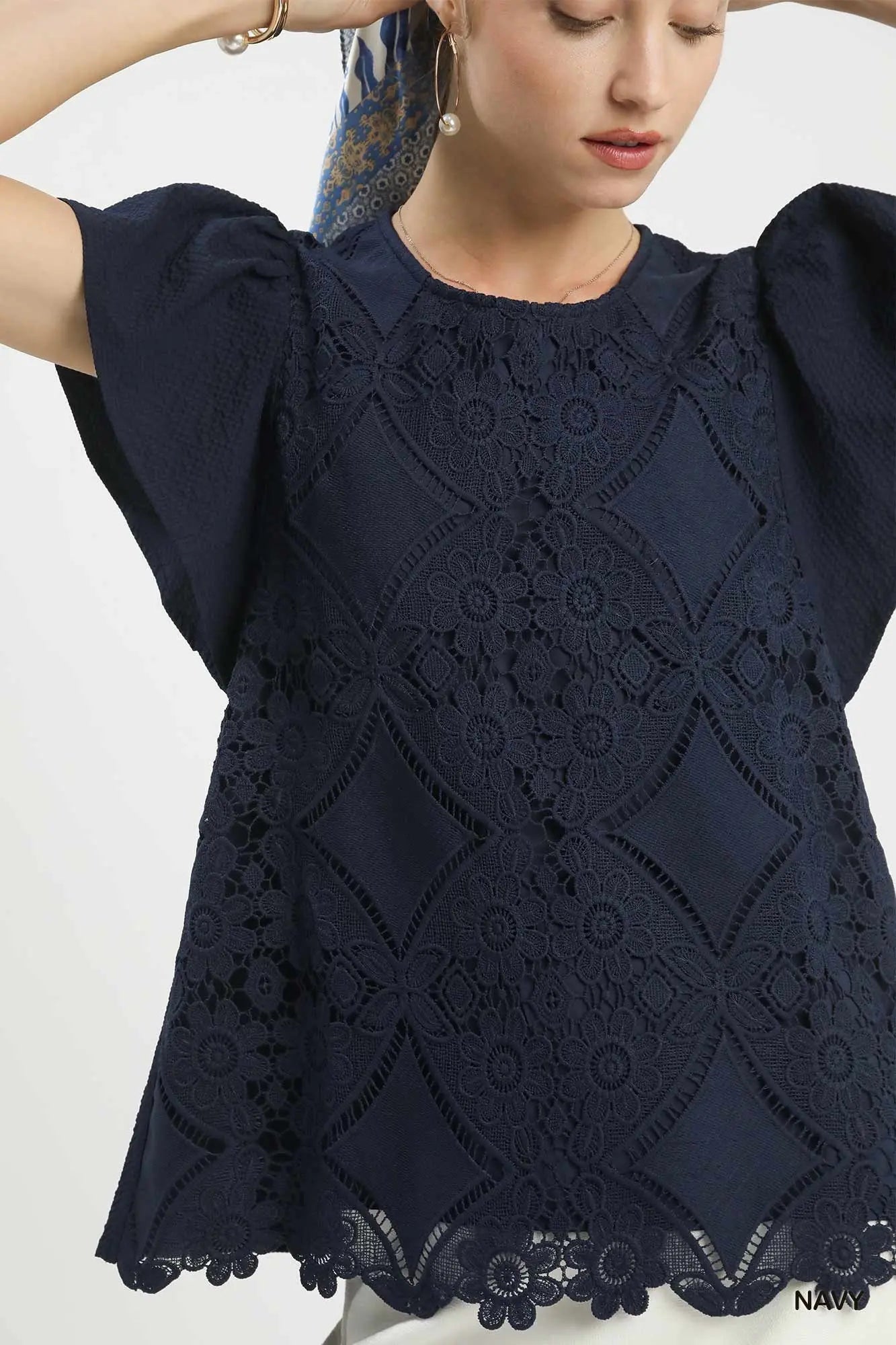 Floral Lace Overlay Flutter Sleeve Top by Umgee in Navy