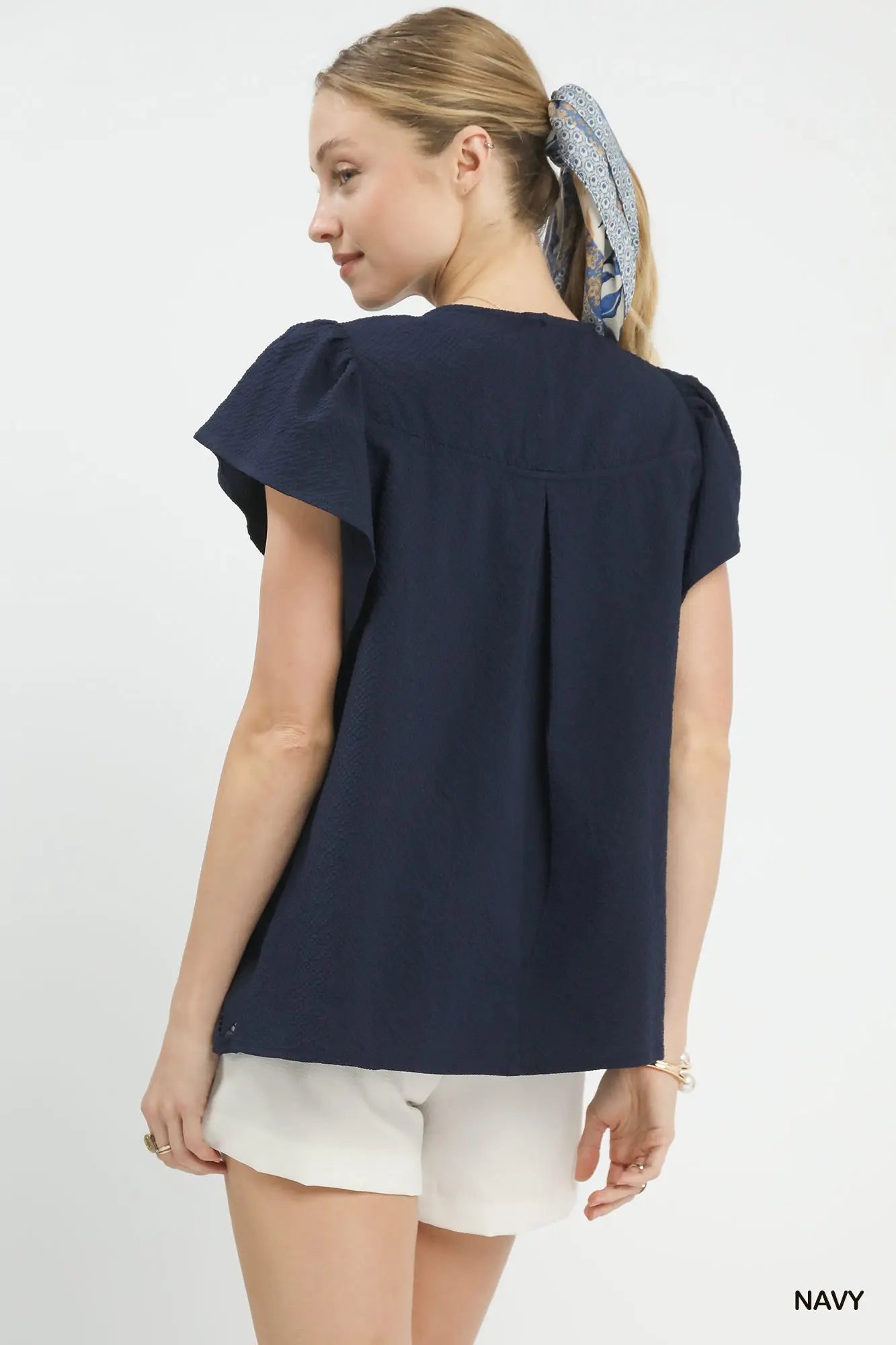 Floral Lace Overlay Flutter Sleeve Top by Umgee in Navy