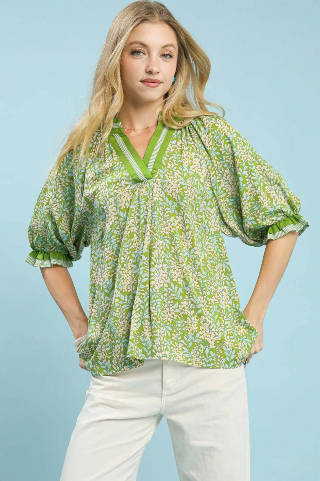 Spring Burst Print V-Neck Top by Umgee Sage Mix