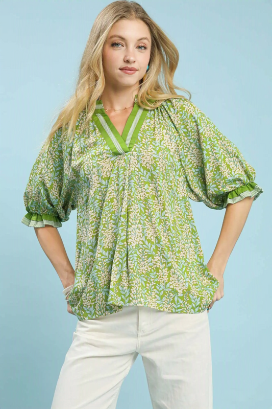 Spring Burst Print V-Neck Top by Umgee Sage Mix