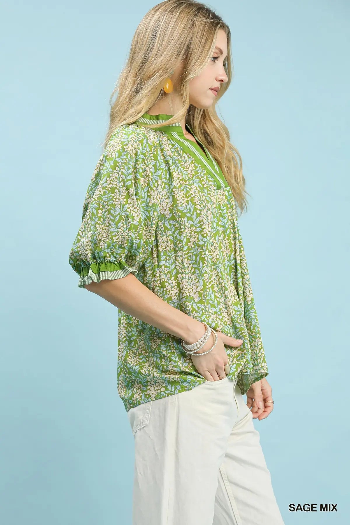 Spring Burst Print V-Neck Top by Umgee Sage Mix