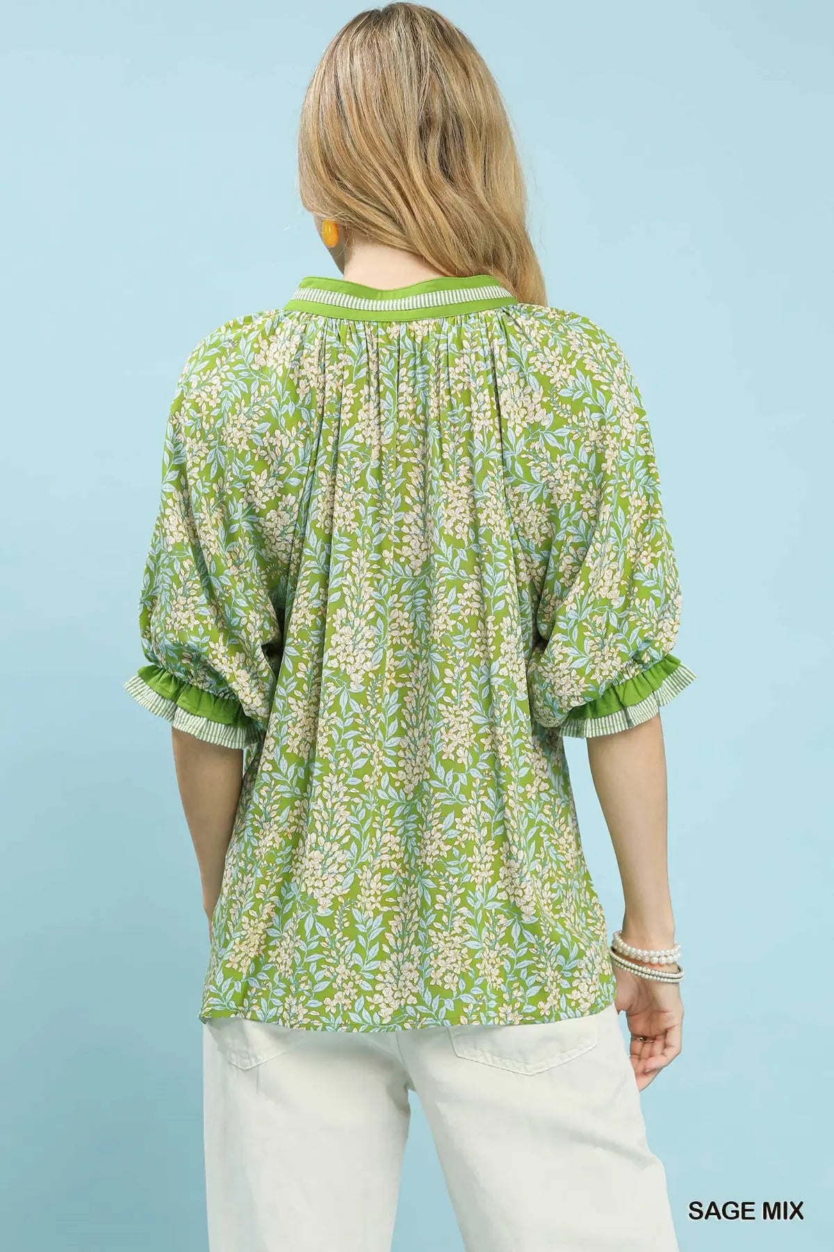 Spring Burst Print V-Neck Top by Umgee Sage Mix