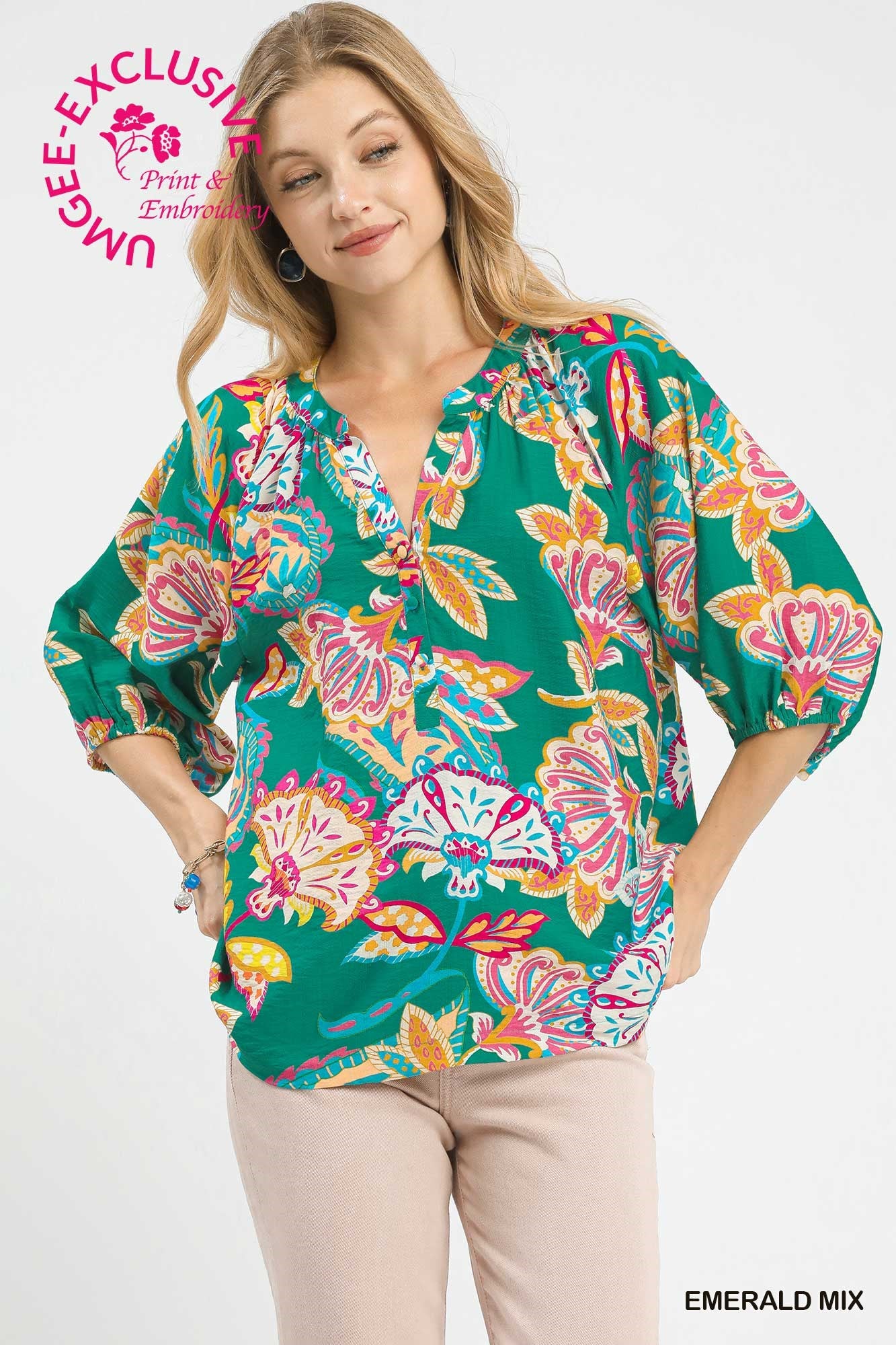 Paisley Print V-Neck Half Button Down Top by Umgee in Emerald Mix