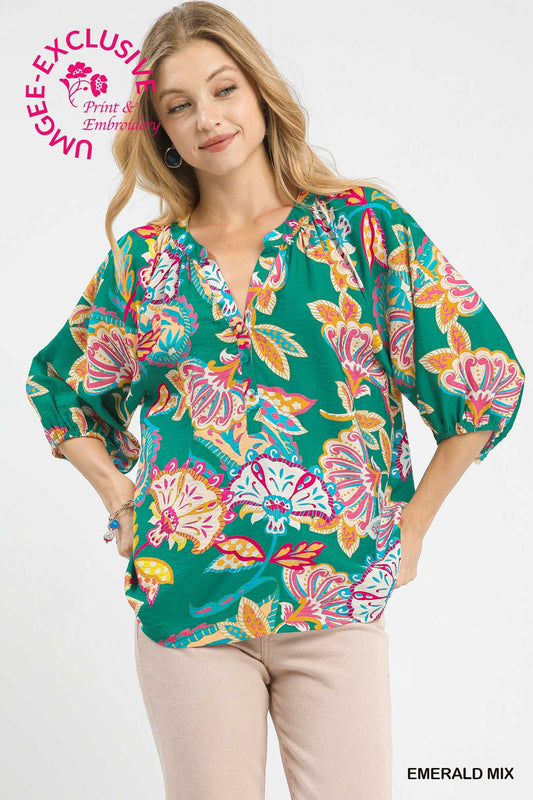 Paisley Print V-Neck Half Button Down Top by Umgee in Emerald Mix