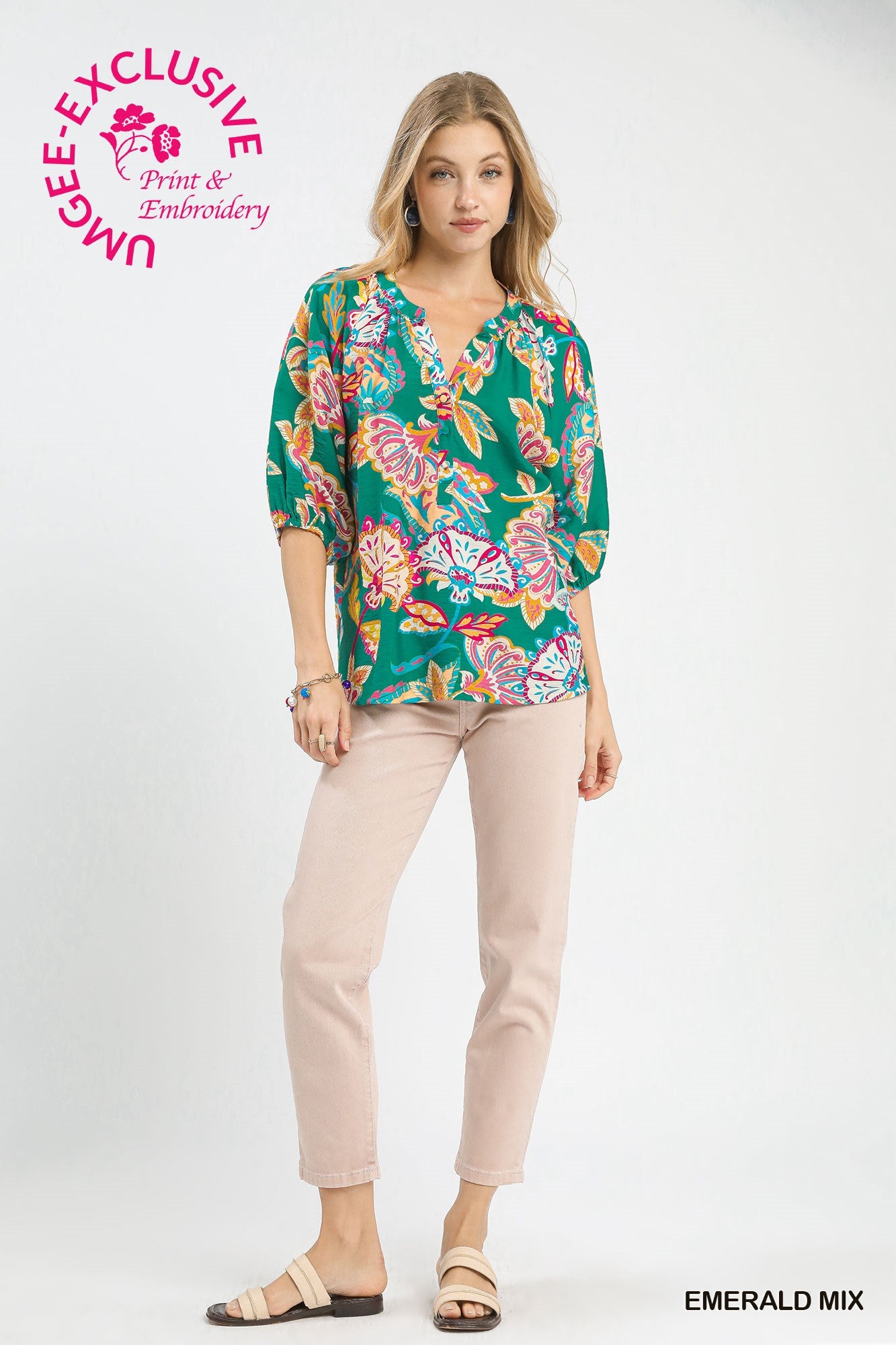 Paisley Print V-Neck Half Button Down Top by Umgee in Emerald Mix