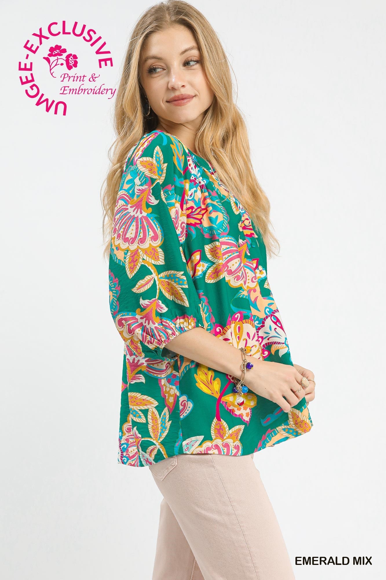 Paisley Print V-Neck Half Button Down Top by Umgee in Emerald Mix