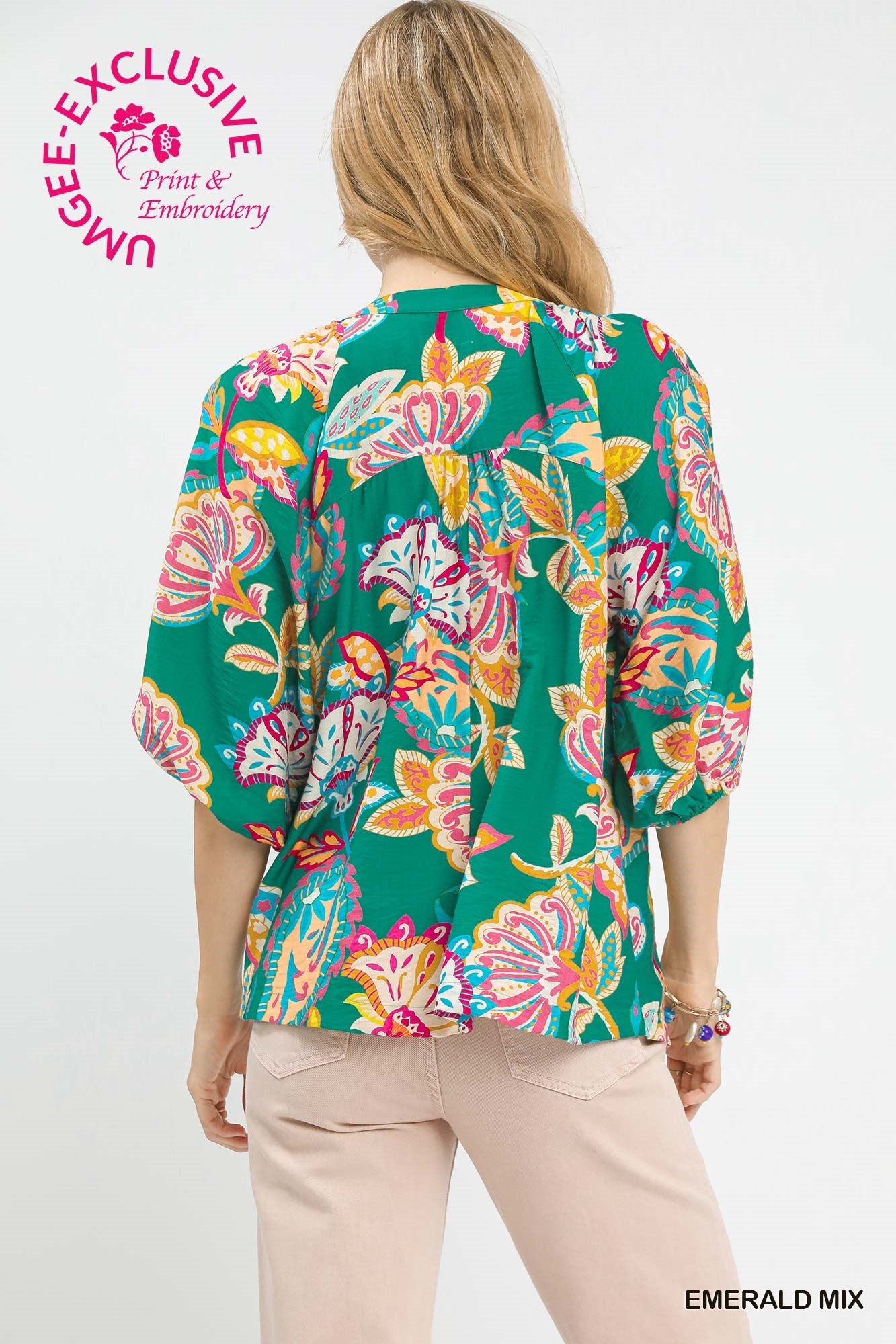 Paisley Print V-Neck Half Button Down Top by Umgee in Emerald Mix