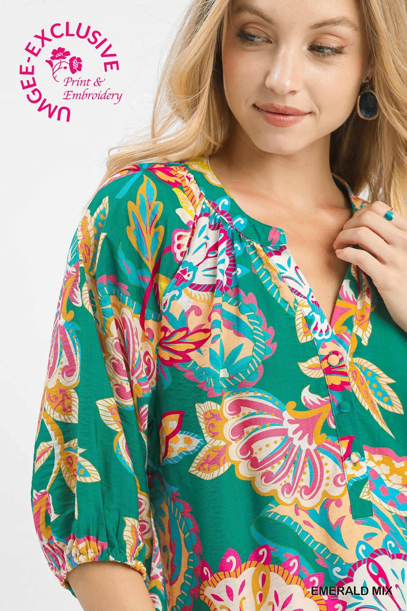 Paisley Print V-Neck Half Button Down Top by Umgee in Emerald Mix