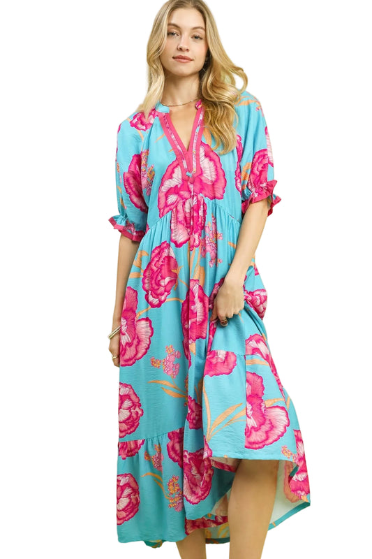 Floral Print Maxi Dress with Contrast Trim by Umgee in Blue