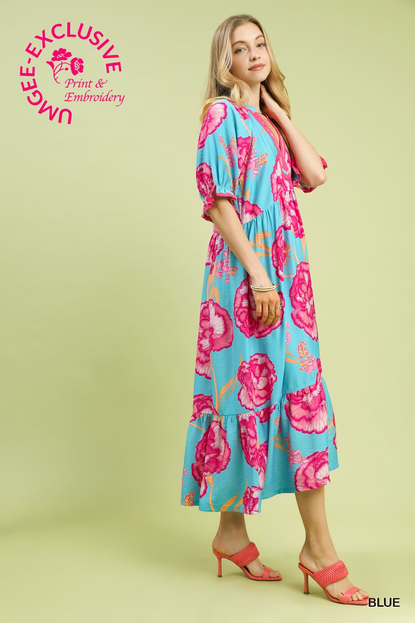 Floral Print Maxi Dress with Contrast Trim by Umgee in Blue