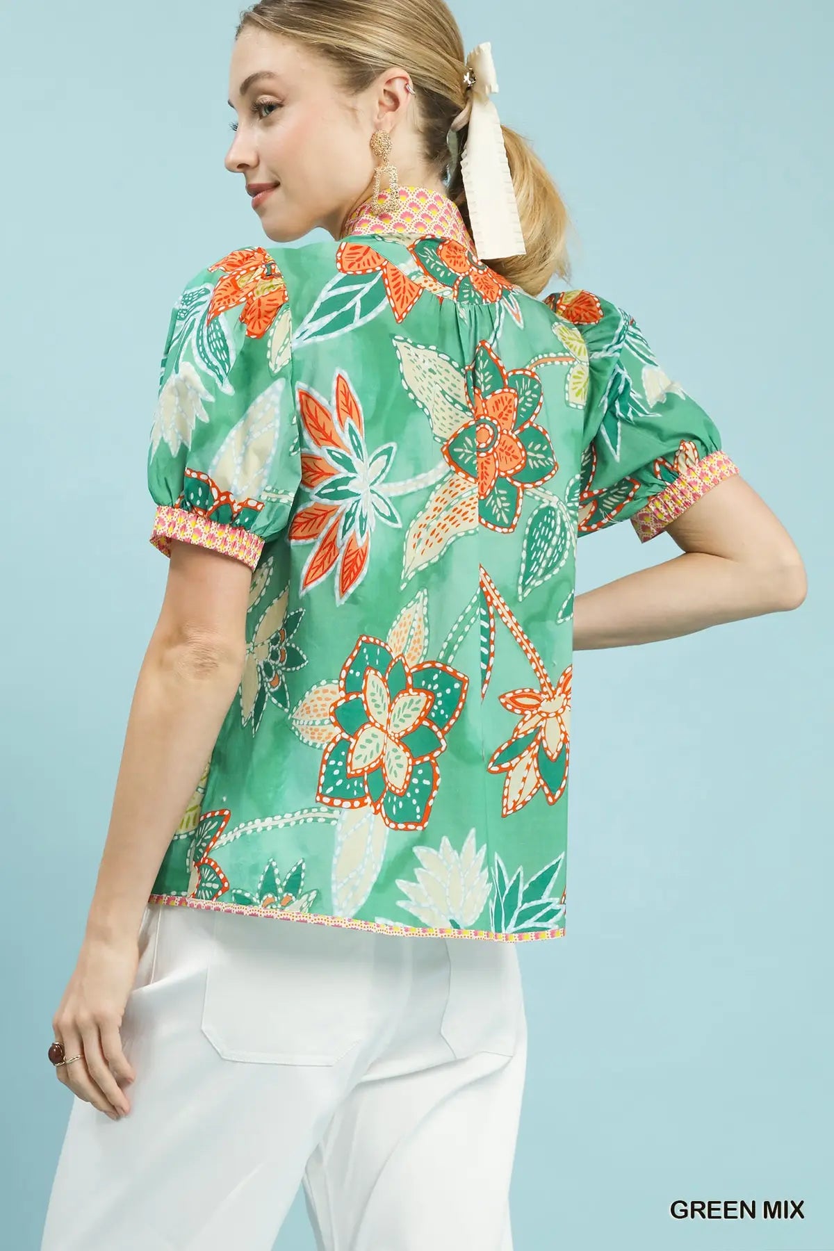 Abstract V-Neck Top by Umgee in Green Mix