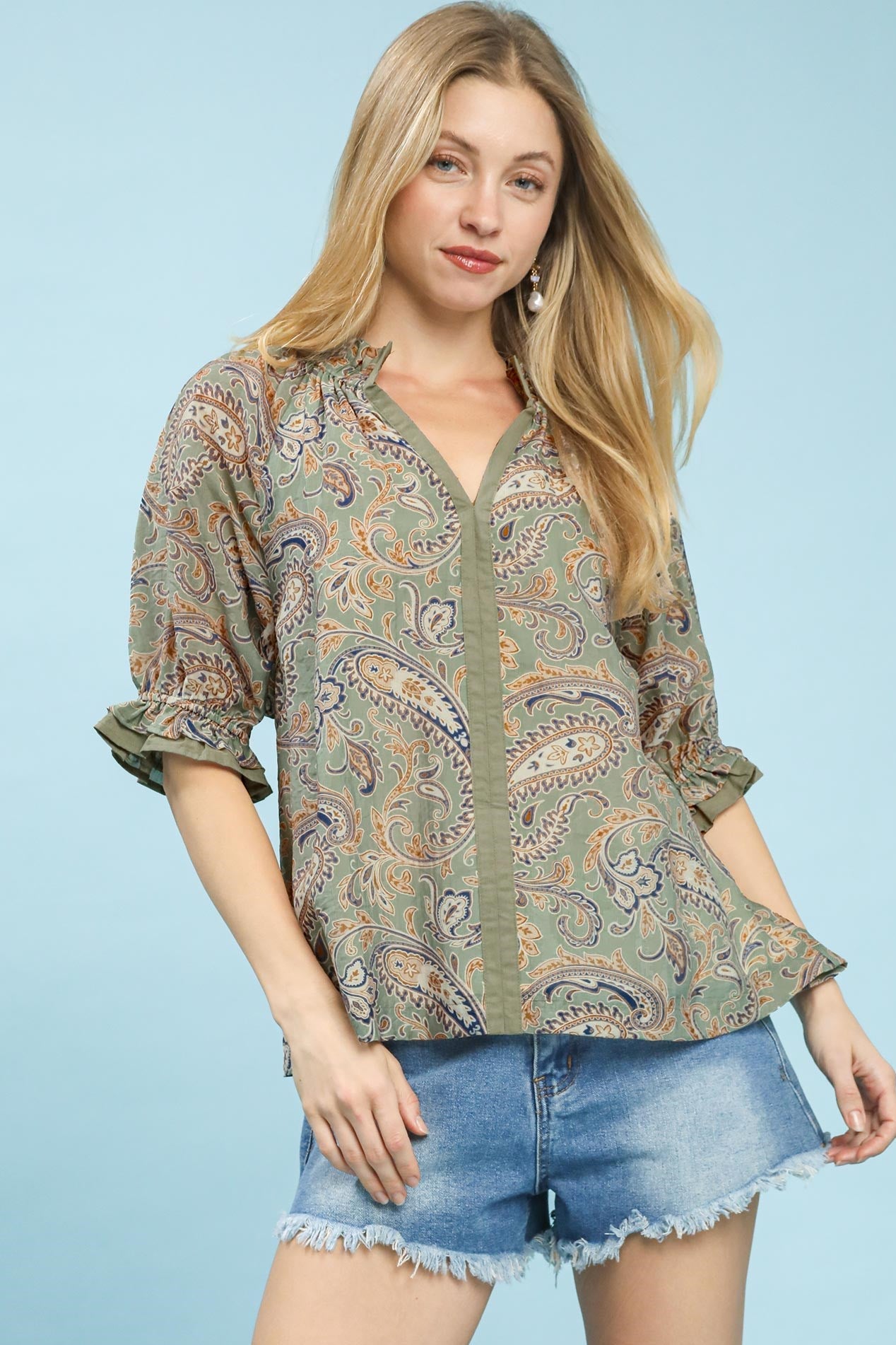 Paisley Split-Neck Blouse by Umgee in Sage/Blue