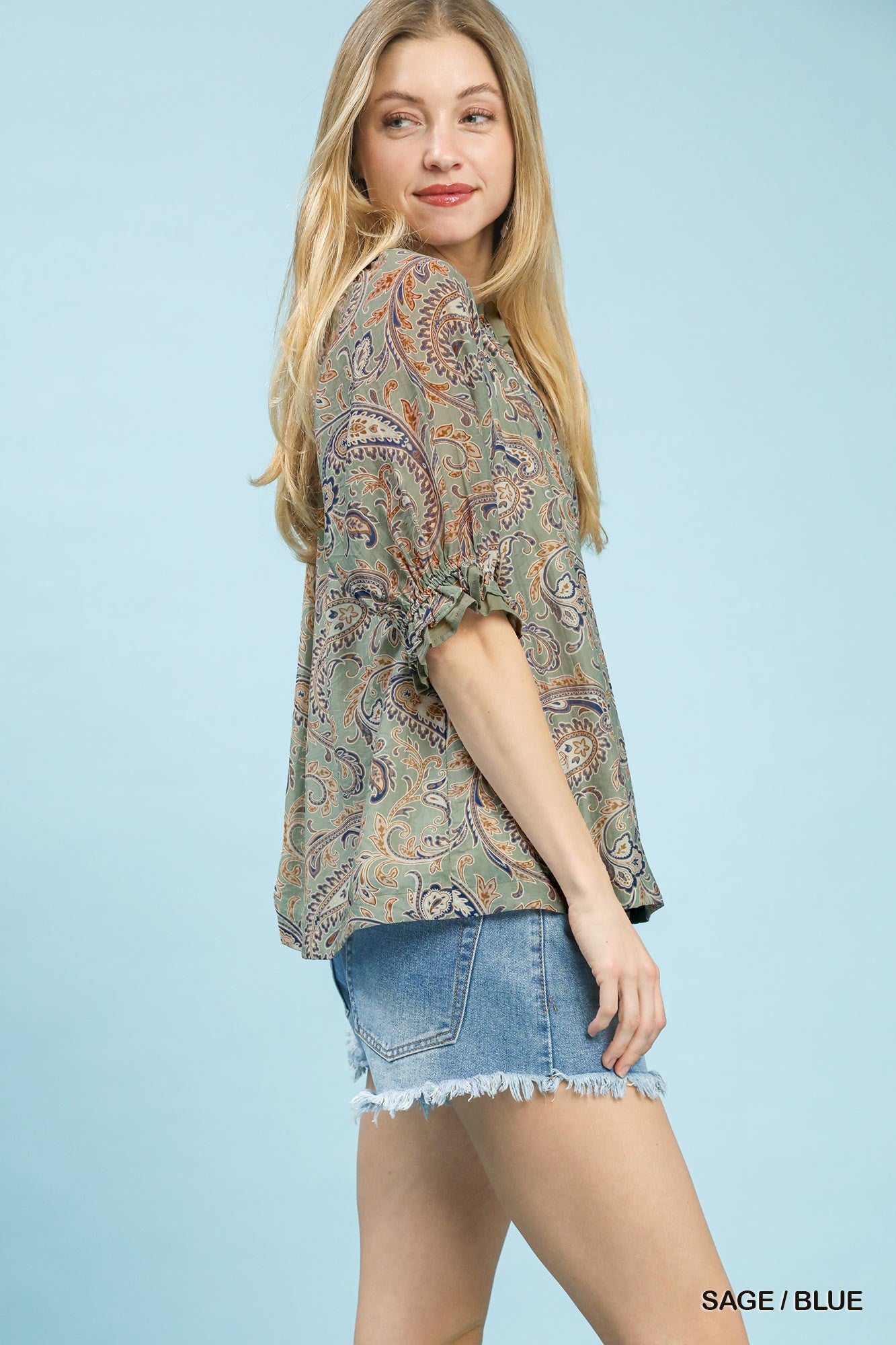 Paisley Split-Neck Blouse by Umgee in Sage/Blue