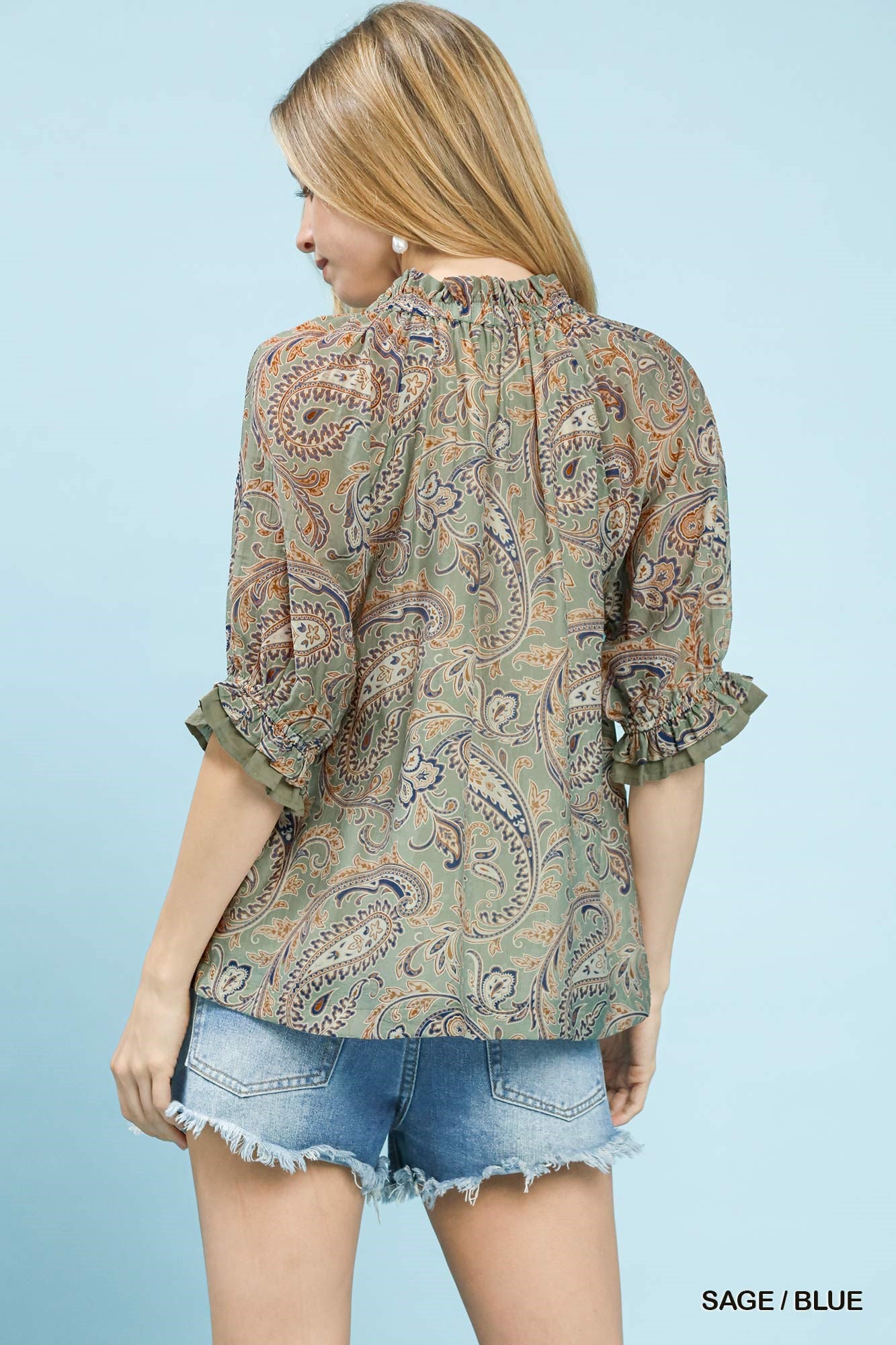 Paisley Split-Neck Blouse by Umgee in Sage/Blue
