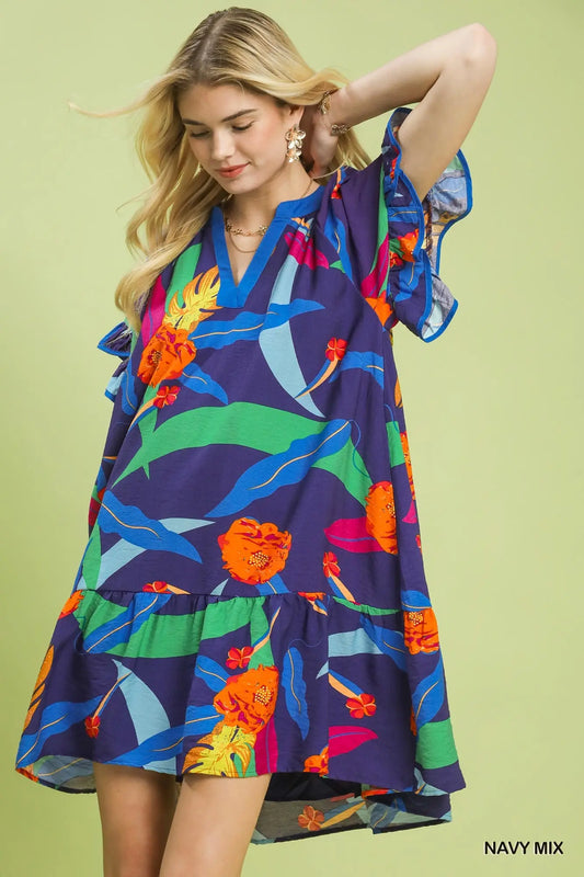 Bold Floral Print Dress by Umgee in Navy Mix